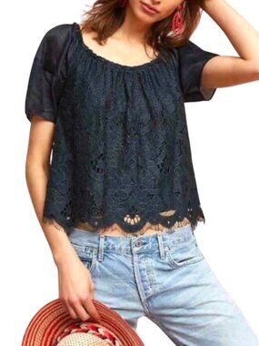 NWOT Moulinette Soeurs Messina Puff Sleeve Lace Top L Dark Teal Navy Lined